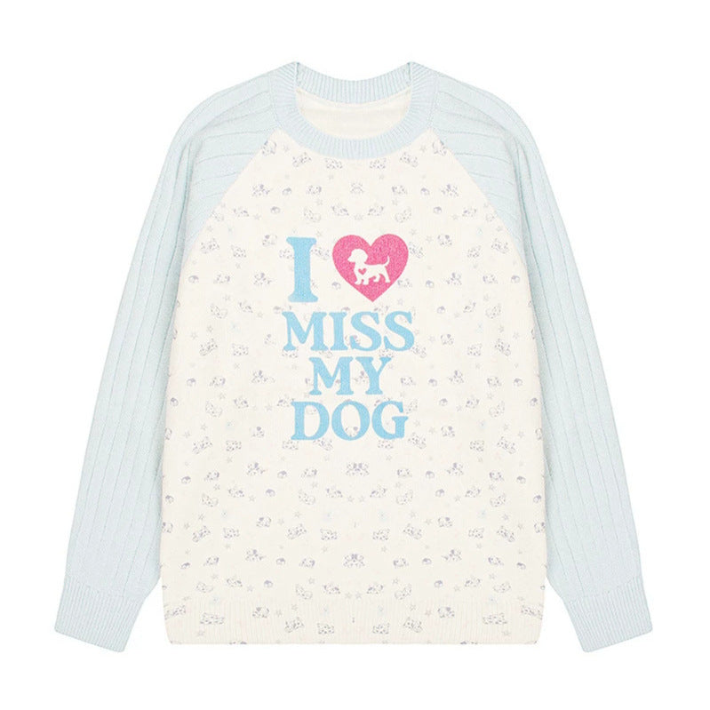 Damen Strickpullover mit Raglanärmeln, Allover-Hundemotiv und Statement-Print Drune