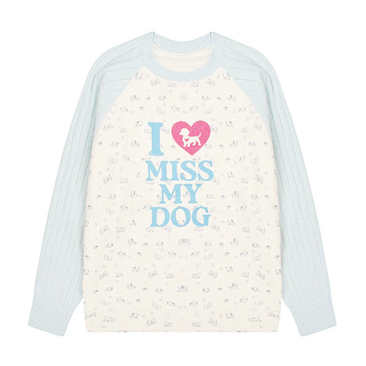 Damen Strickpullover mit Raglanärmeln, Allover-Hundemotiv und Statement-Print Drune