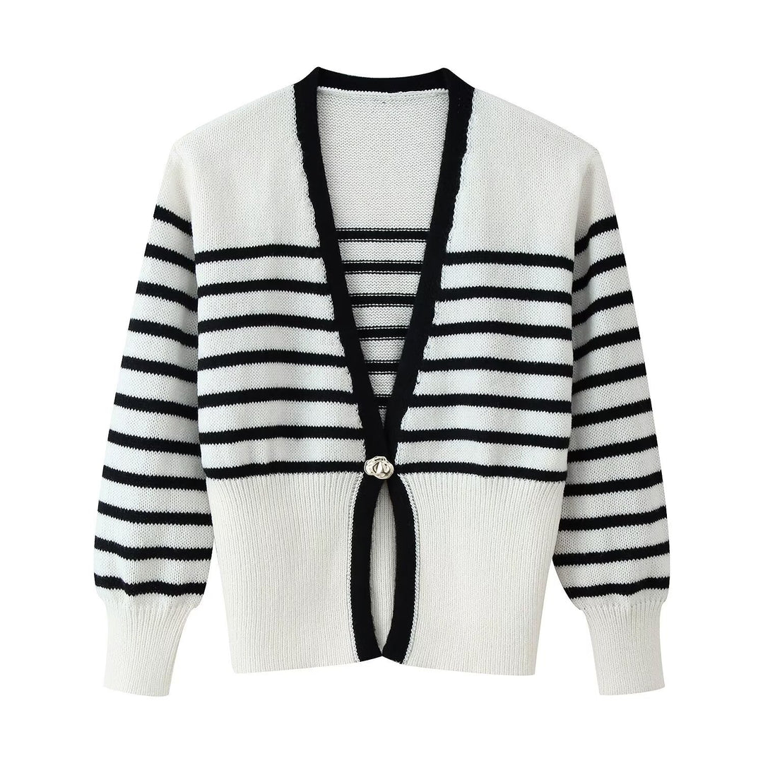 Damen Kurze V‑Ausschnitt Strickjacke mit Ballonärmeln und Zierknopf Drune