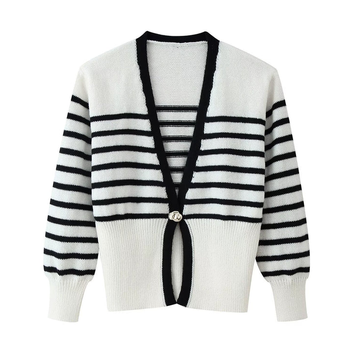 Damen Kurze V‑Ausschnitt Strickjacke mit Ballonärmeln und Zierknopf Drune