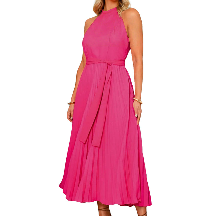 Damen Plissee Maxikleid mit elegantem Rundhalsausschnitt und fließendem Fall Drune