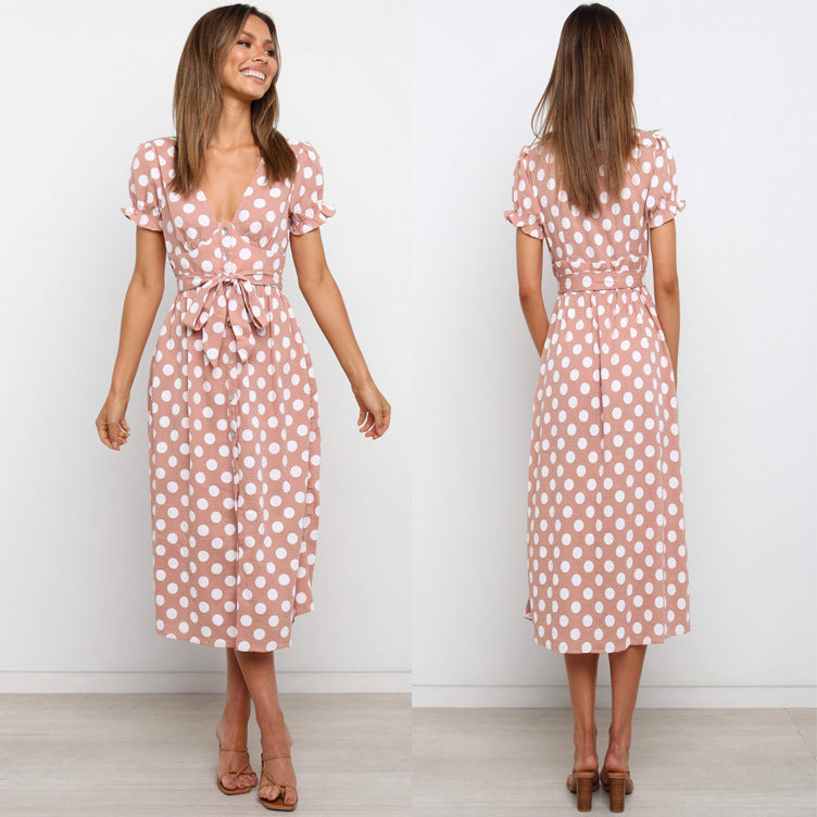 Damen Polka Dot A-Linie Midi Kleid mit Bindegürtel Drune