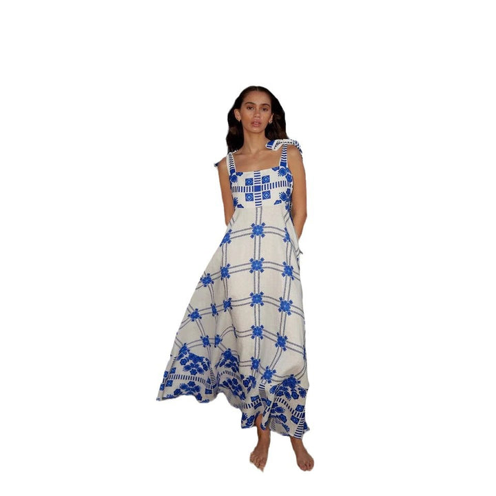 Damen Maxikleid mit verspieltem Karomuster und innovativen Trägerdetails Drune