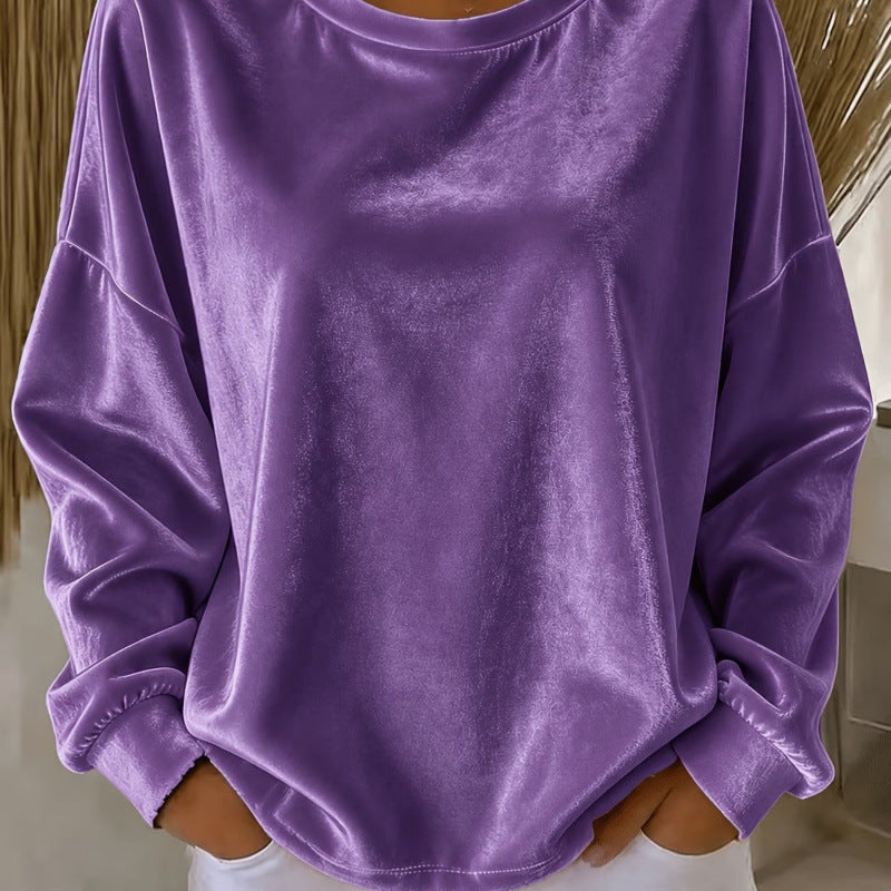 Damen Samt-Oversize-Sweatshirt mit Rundhalsausschnitt und eingesetzter Schulter Drune