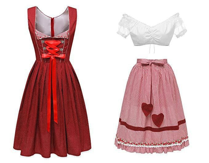 Damen nan alpines Midi-Trachtenkleid mit geschnürtem Mieder, Kurzbluse und dekorativer Herzschürze Drune