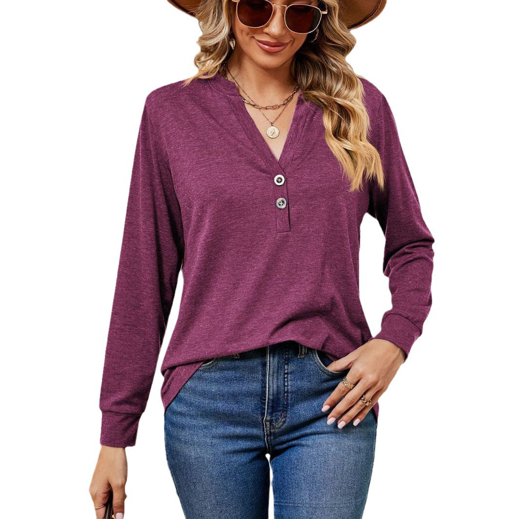 Damen Langarmtop mit modischem Henley-Ausschnitt und Knopfdesign Drune