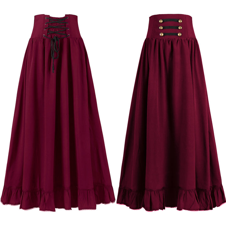 Damen nan langer Highwaist Rock mit Korsettbund, Volantsaum und dekorativen Knöpfen Drune