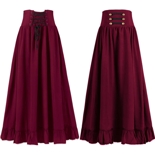 Damen nan langer Highwaist Rock mit Korsettbund, Volantsaum und dekorativen Knöpfen Drune