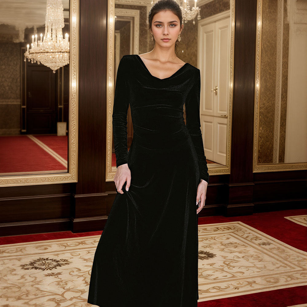 Damen elegantes Maxikleid mit schmeichelndem Cowl-Ausschnitt und langen Ärmeln Drune