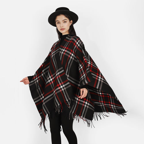 Damen Oversize-Karo-Capeponcho aus Wollmix mit V-Ausschnitt und Fransensaum Drune