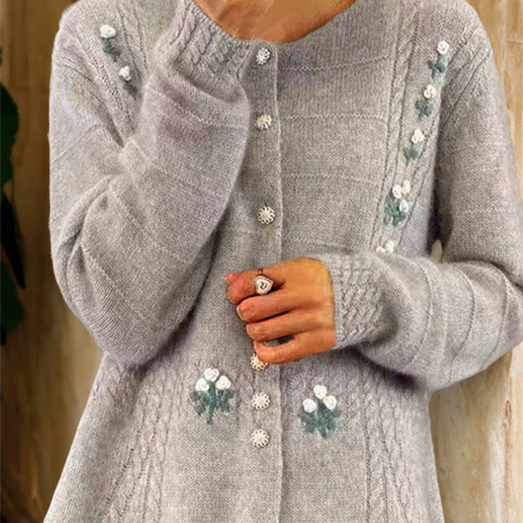 Damen nan Strickcardigan mit floraler Reliefstickerei und Zopfmuster Drune