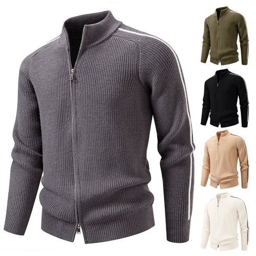 Herren nan Reißverschluss-Strickjacke mit Stehkragen, strukturierter Rippenoptik und kontraststreifen Drune