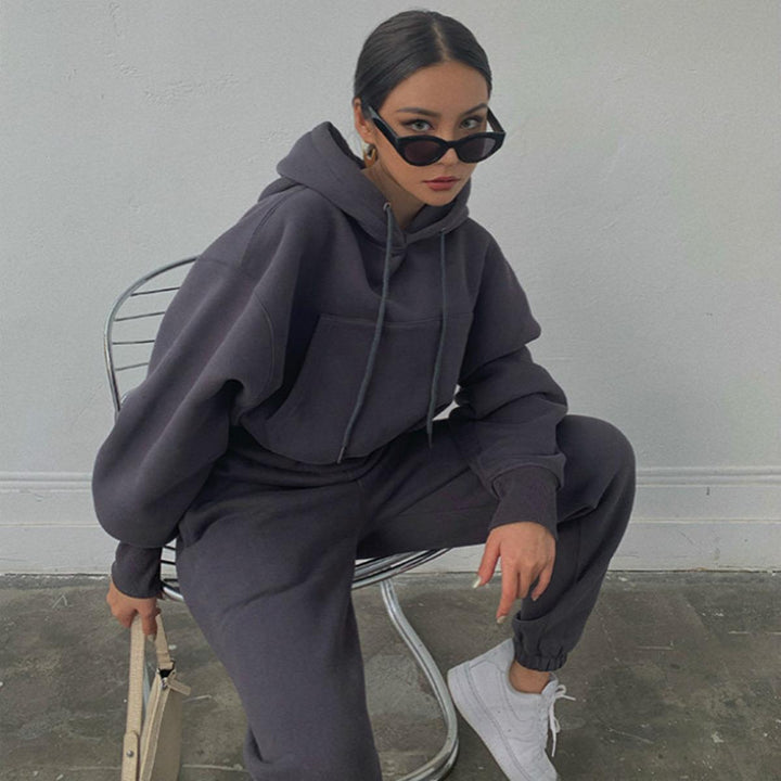 Damen kurzes Oversize-Kapuzenpullover-Set mit elastischer High-Waist-Jogginghose aus Baumwollfleece Drune
