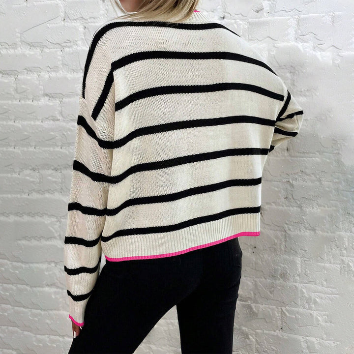Damen lässiger gestrickter Pullover mit modischem Streifenmuster und kontrastierenden Abschlüssen Drune