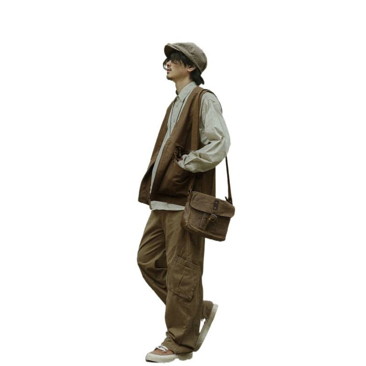 Herren Multifunktionale Canvas-Utility-Weste mit Fronttaschen und Reißverschluss Drune