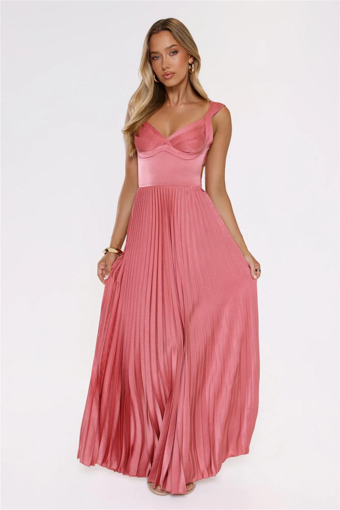 Damen Plissiertes Maxikleid mit vorteilhaftem V-Ausschnitt und femininem Design Drune