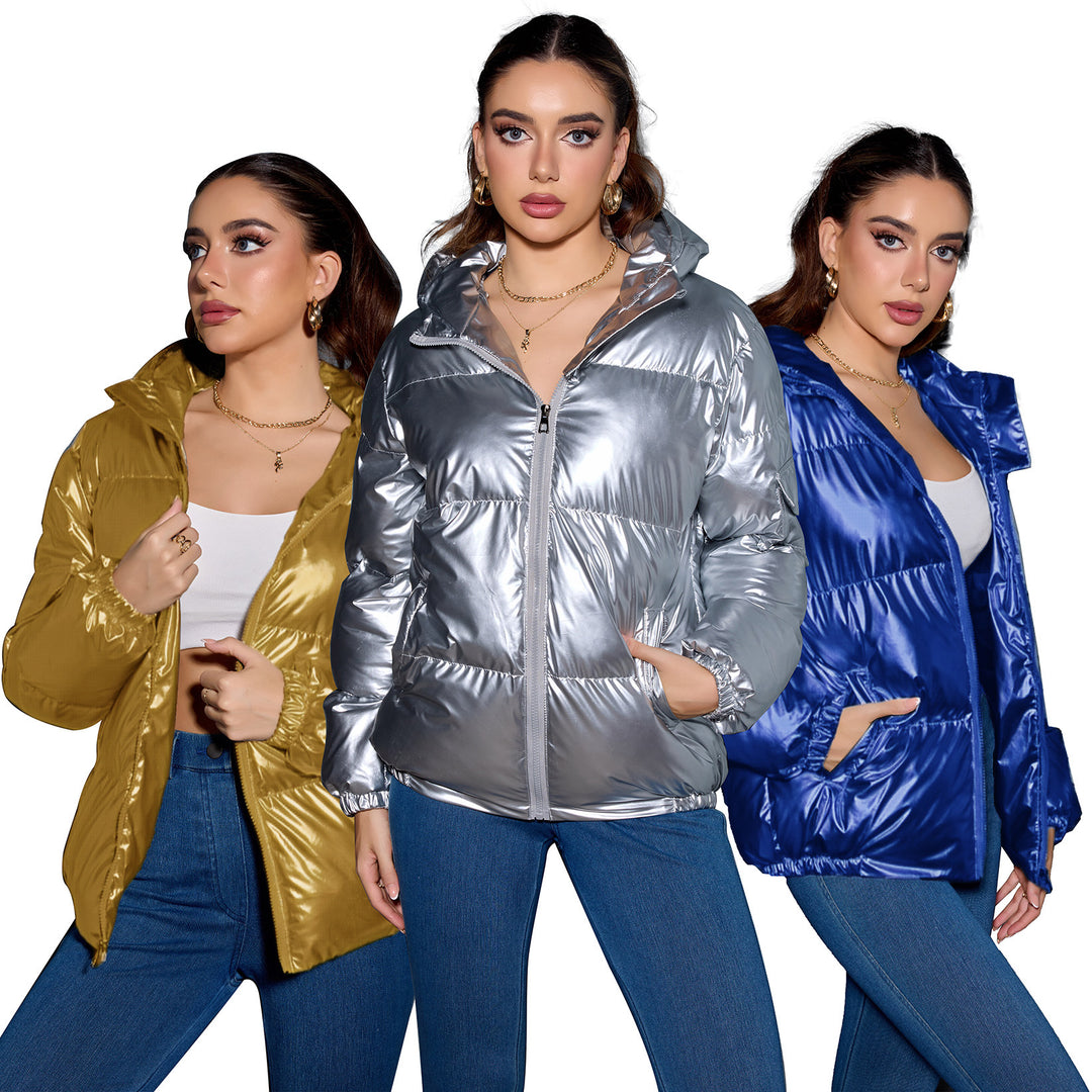 Damen Glänzende Oversize-Steppjacke mit Kapuze & elastischen Bündchen Drune