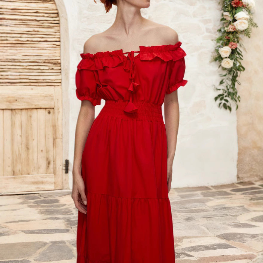Damen Off-Shoulder Maxikleid mit elastischem Taillenbund und Rüschendetails Drune