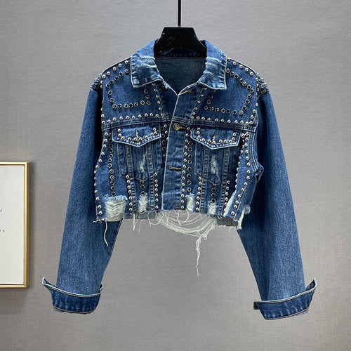 Damen Designer Denimjacke mit Nieten und Fransen Drune