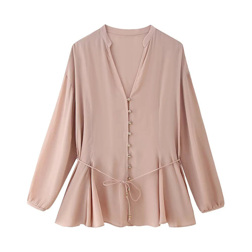 Damen nan elegante Bluse mit Perlenknopfleiste, Taillenzug und leichtem Schößchen Drune