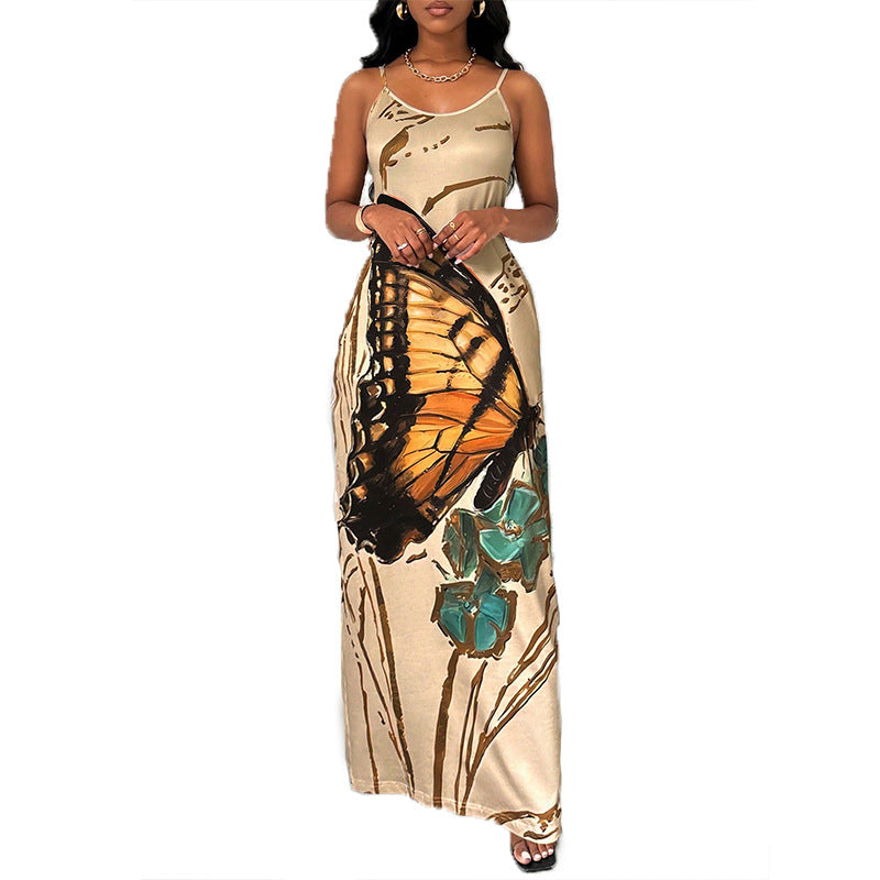 Damen Maxikleid mit kunstvollem Schmetterlingsdruck und Spaghettiträgern Drune