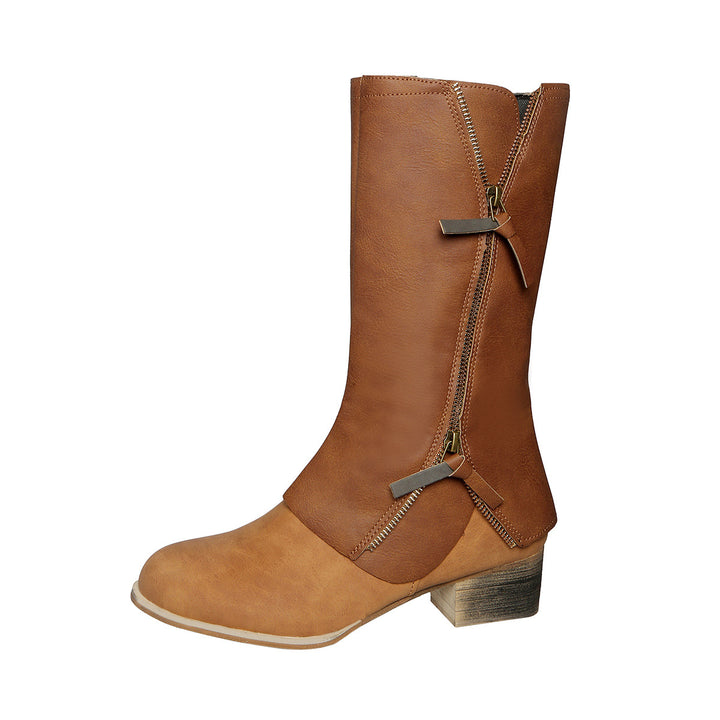 Damen Reißverschluss-Midcalf-Stiefel mit dekorativem Außenreißverschluss und mittlerem Blockabsatz Drune
