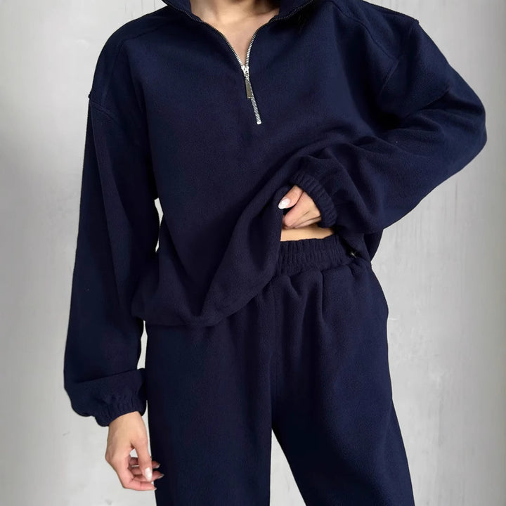Damen lässiges Fleece-Jogginganzug Set mit Stehkragen und halbhohem Reißverschluss Drune