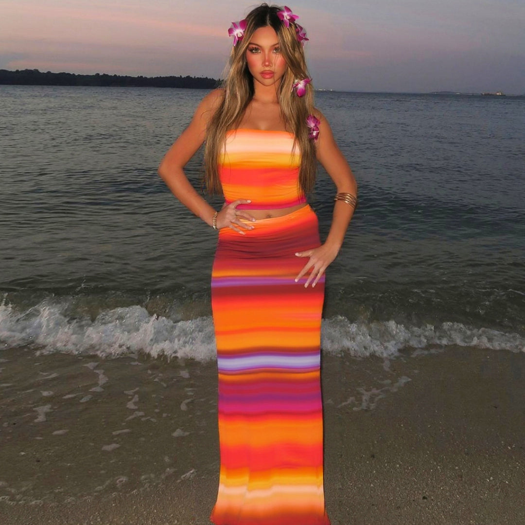 Damen Elegantes Strandkleid mit buntem Streifenmuster Drune