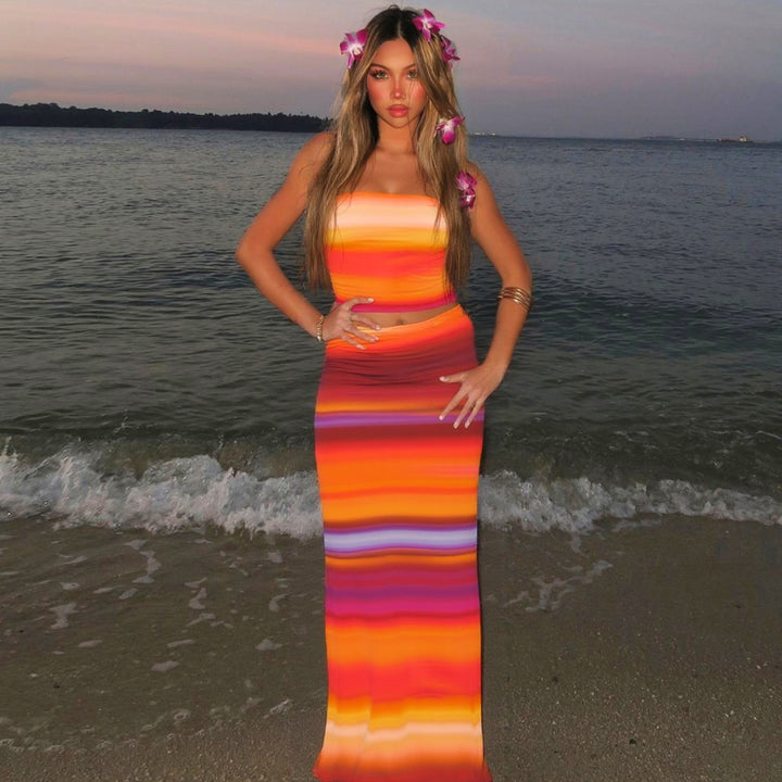 Damen Elegantes Strandkleid mit buntem Streifenmuster Drune