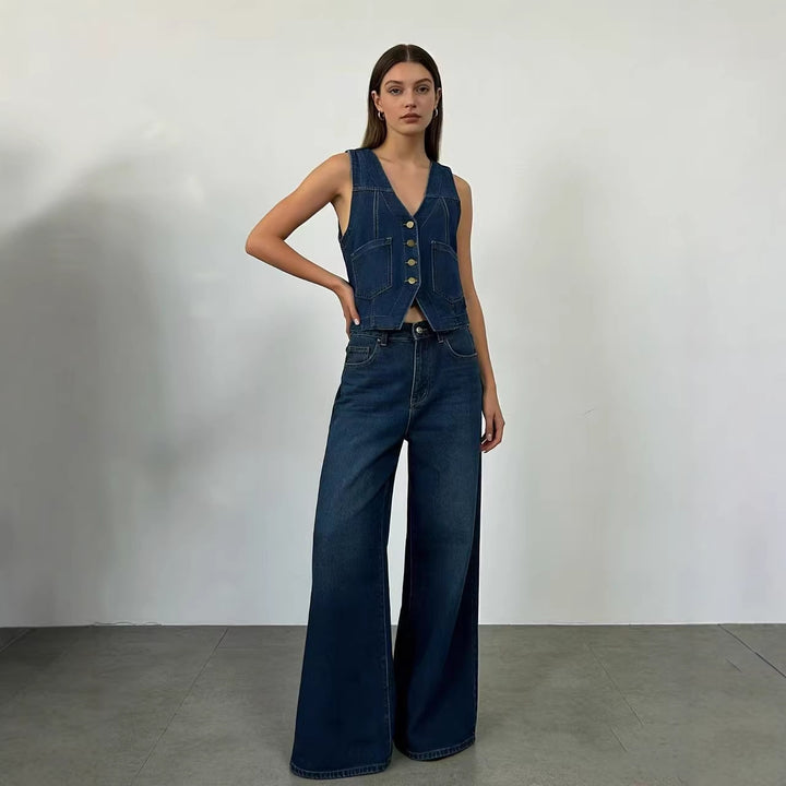 Damen lässige Denim-Weste mit Knopfdetails und aufgesetzten Taschen Drune