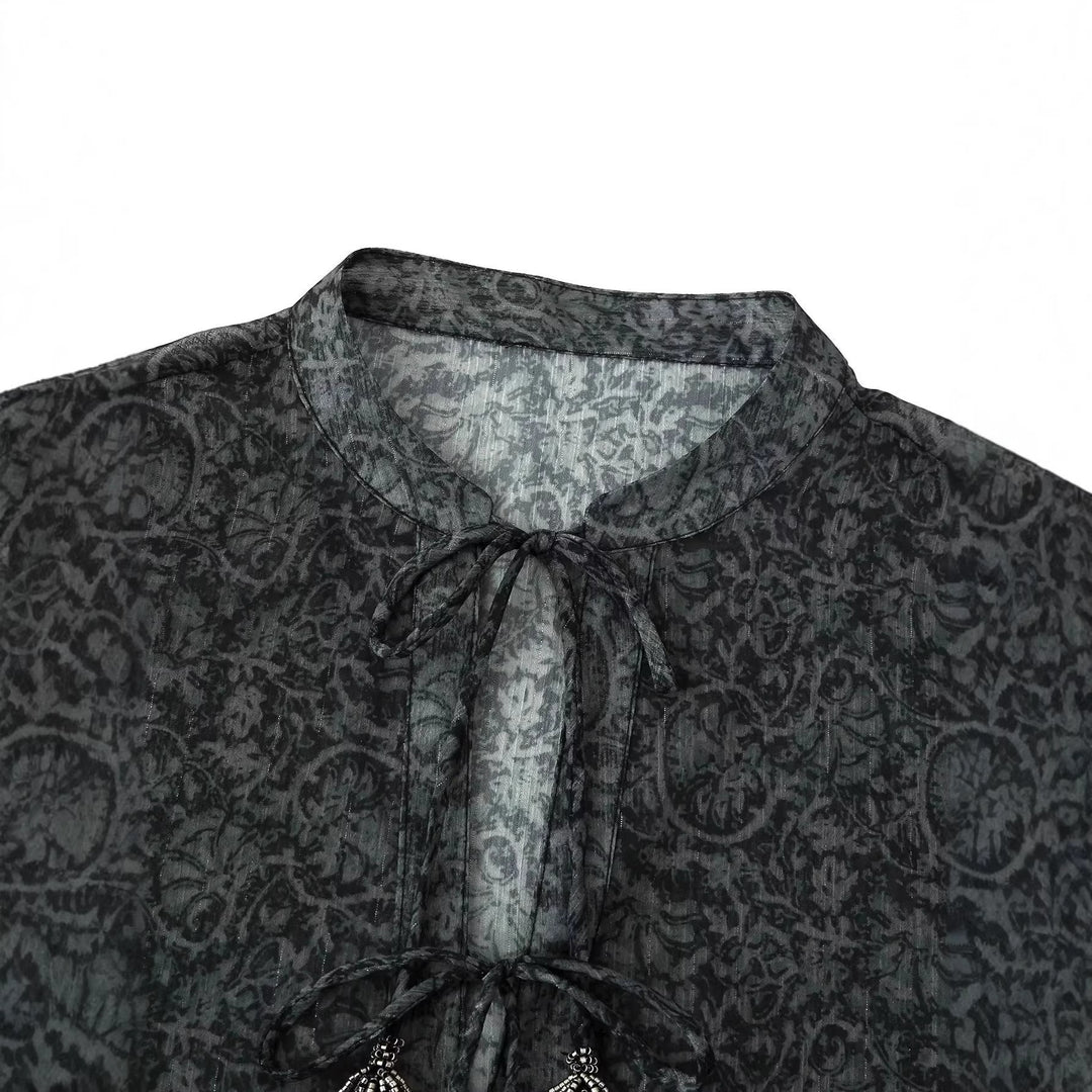 Damen nan Chiffonbluse mit Paisley‑Print, Quasten‑Bindeband und voluminösen Ballonärmeln Drune