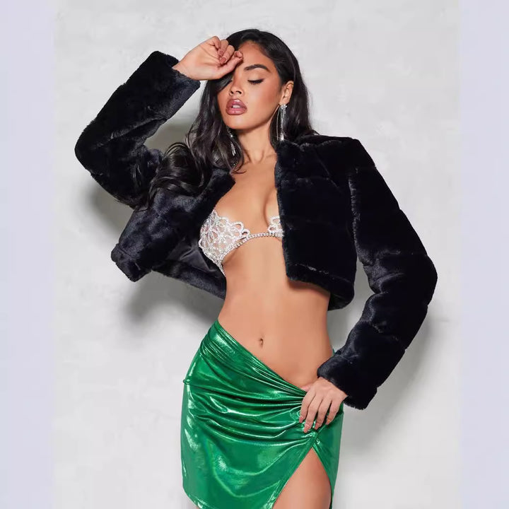 Damen Kurze Kunstpelzjacke mit breiten Ärmeln Drune