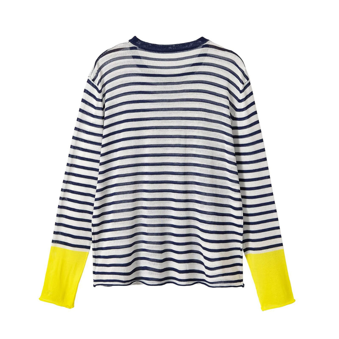 Damen Feinstrick-Longsleeve mit maritimen Querstreifen und kontrastierten Ärmeln Drune