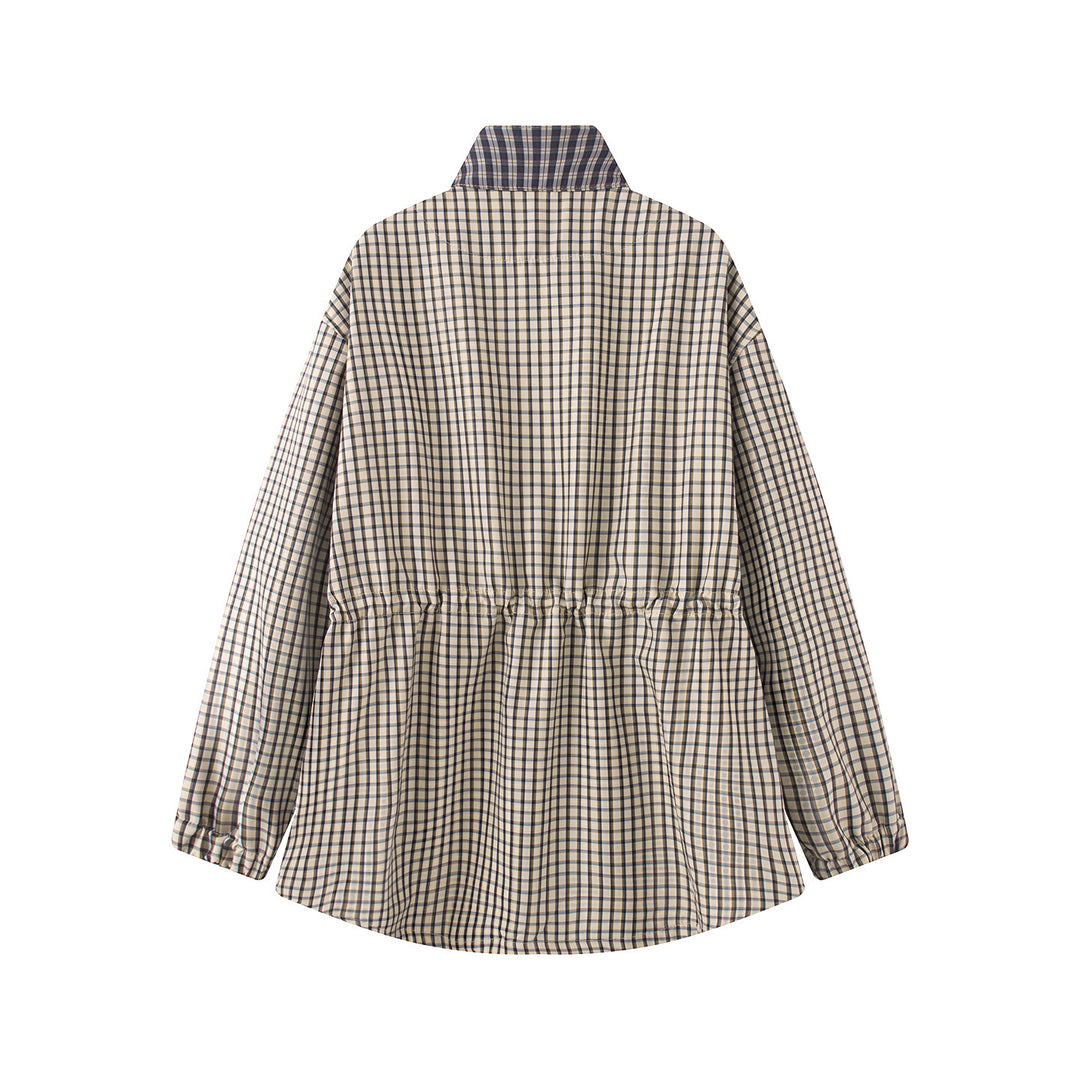 Damen Karierte Oversize-Parka-Jacke mit Tunnelzug und Stehkragen Drune