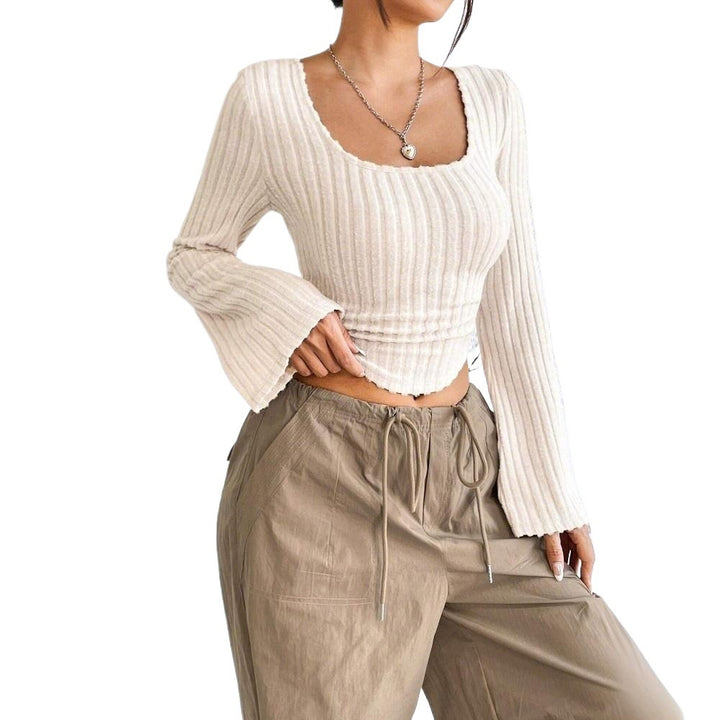 Damen geripptes Crop-Top mit quadratischem Ausschnitt, gewelltem Saum und ausgestellten Ärmeln Drune