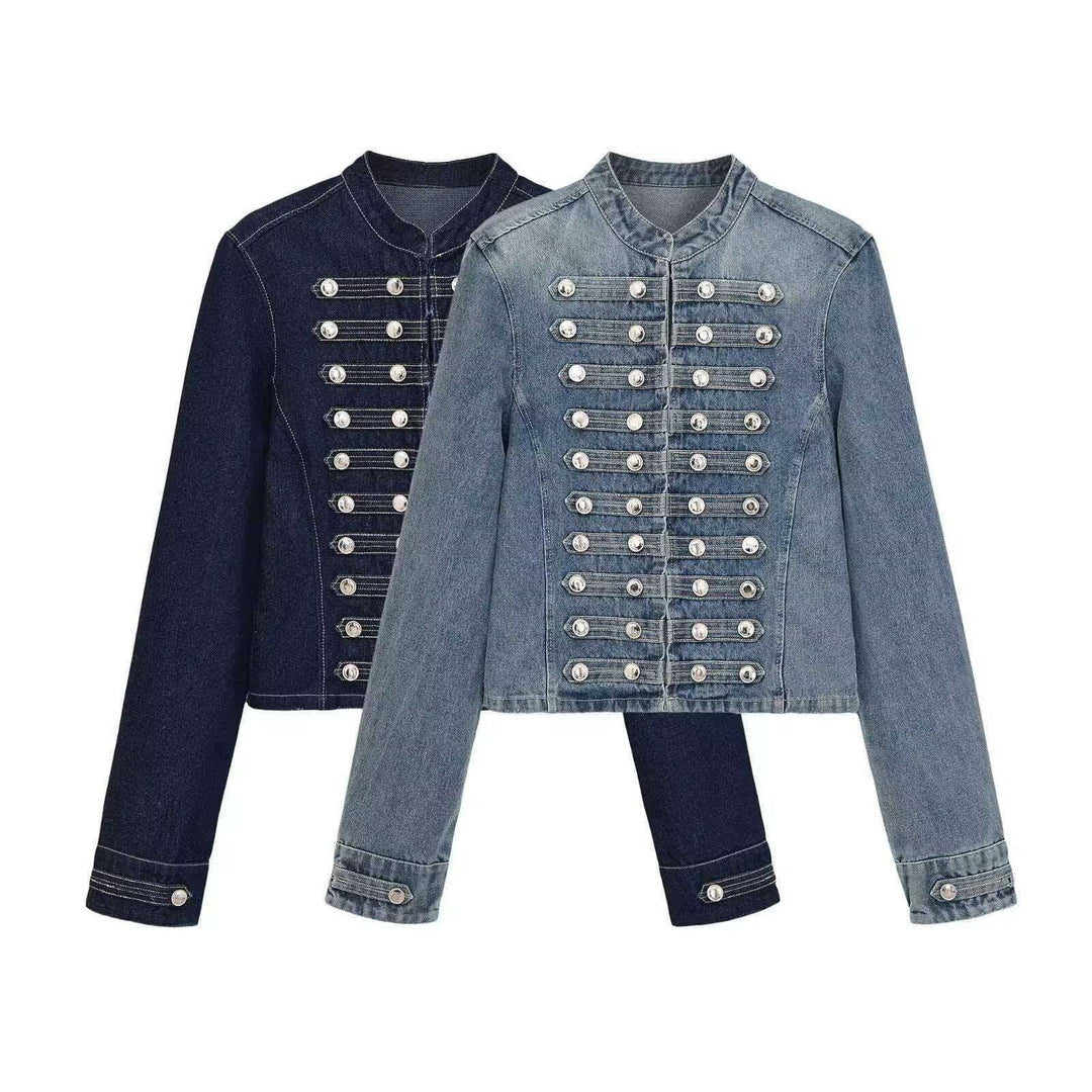 Damen Jeansjacke im Military‑Stil mit Reihenknöpfen und Stehkragen Drune