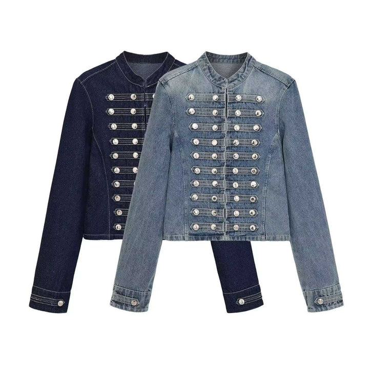 Damen Jeansjacke im Military‑Stil mit Reihenknöpfen und Stehkragen Drune