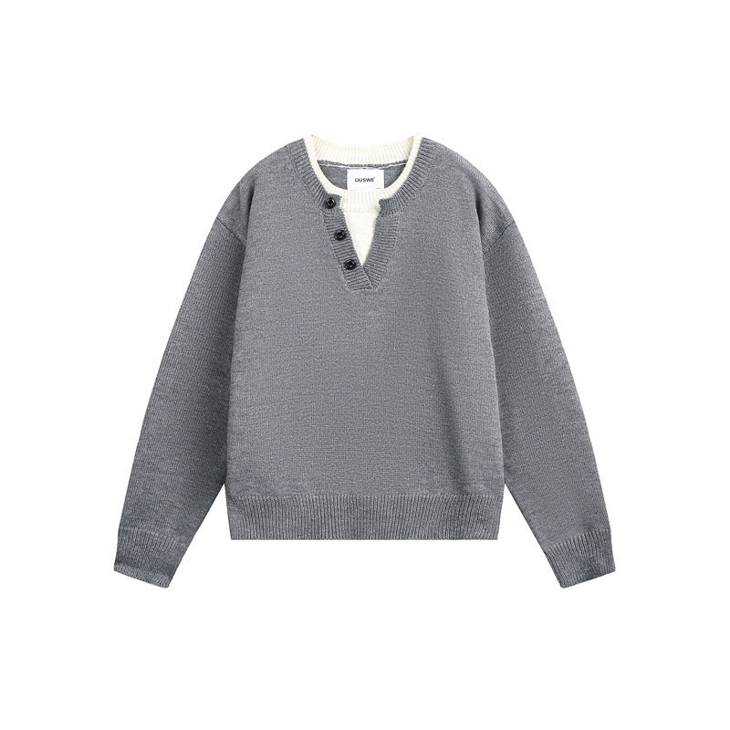 Unisex Grobgestrickter Pullover mit V‑Knopfleiste und Lagenkragen Drune
