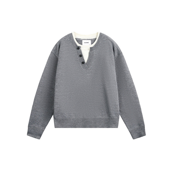 Unisex Grobgestrickter Pullover mit V‑Knopfleiste und Lagenkragen Drune