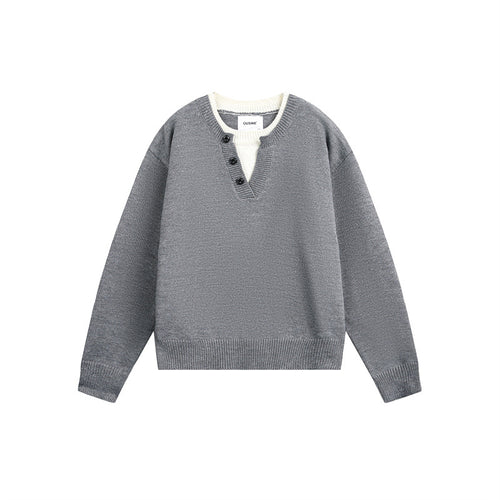 Unisex Grobgestrickter Pullover mit V‑Knopfleiste und Lagenkragen Drune
