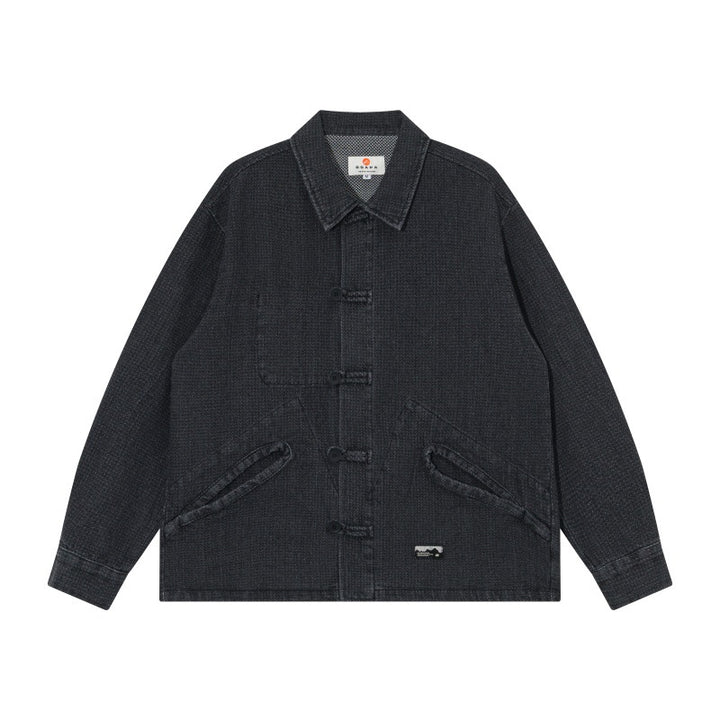 Herren Kurz geschnittene Denim-Chorejacke im Boxy-Blousonstil mit chinesischer Knebelknopfleiste Drune