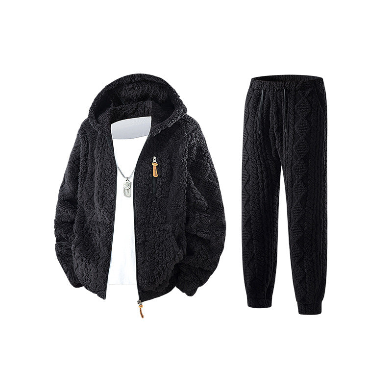 Herren Kuscheliges Sherpa-Fleece Set mit Kapuzenjacke und Strick‑Optik Jogginghose Drune