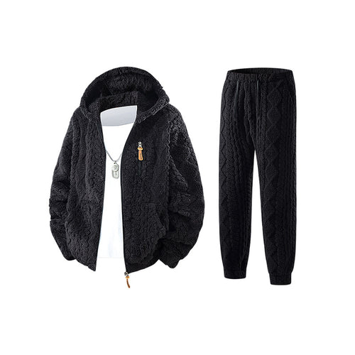 Herren Kuscheliges Sherpa-Fleece Set mit Kapuzenjacke und Strick‑Optik Jogginghose Drune