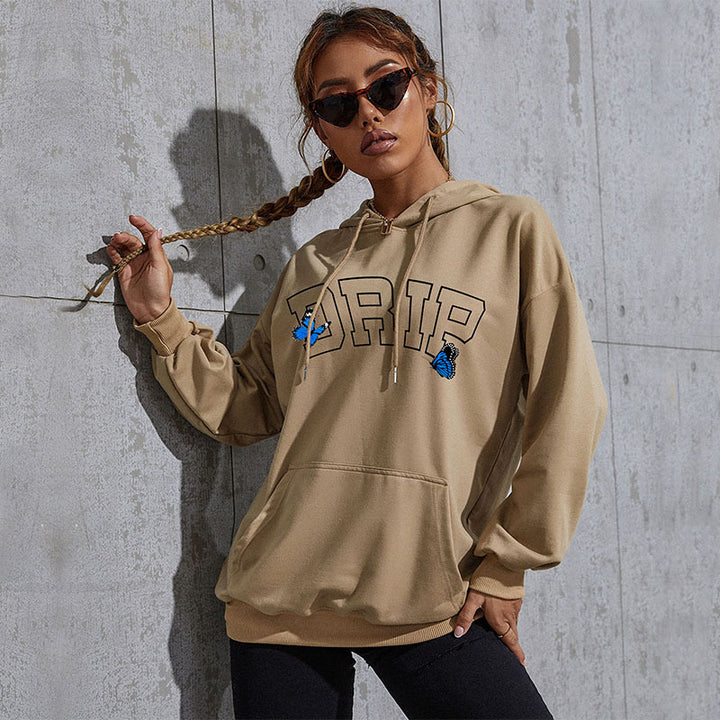 Damen Oversize-Kapuzenpullover mit Kängurutasche und Schmetterling-Stickerei Drune