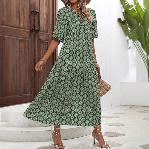Damen nan luftiges Maxikleid mit geometrischem Ethno-Print, gerafftem Stufenrock und Schlüssel-Ausschnitt Drune
