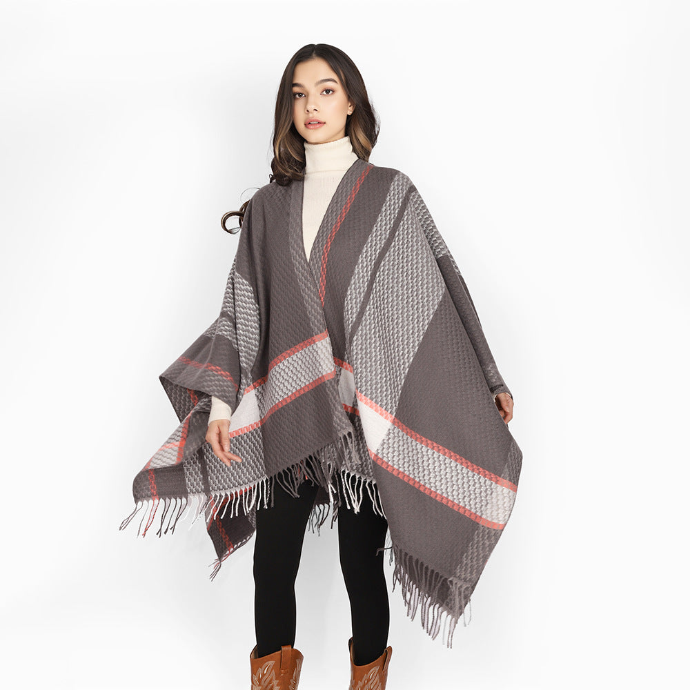 Damen Capeponcho mit Fransen und kariertem Jacquard-Design Drune
