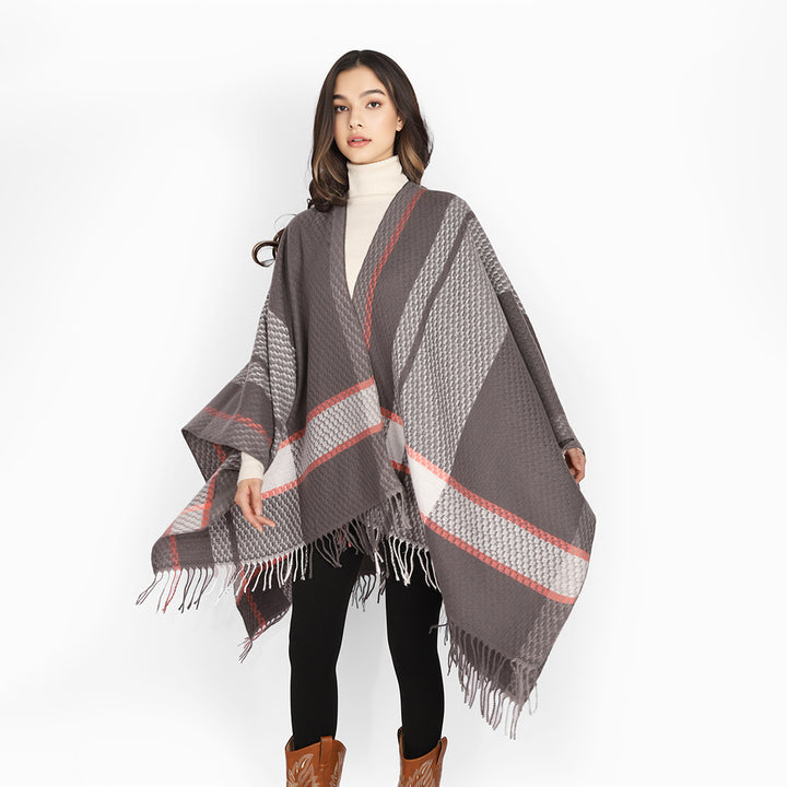 Damen Capeponcho mit Fransen und kariertem Jacquard-Design Drune