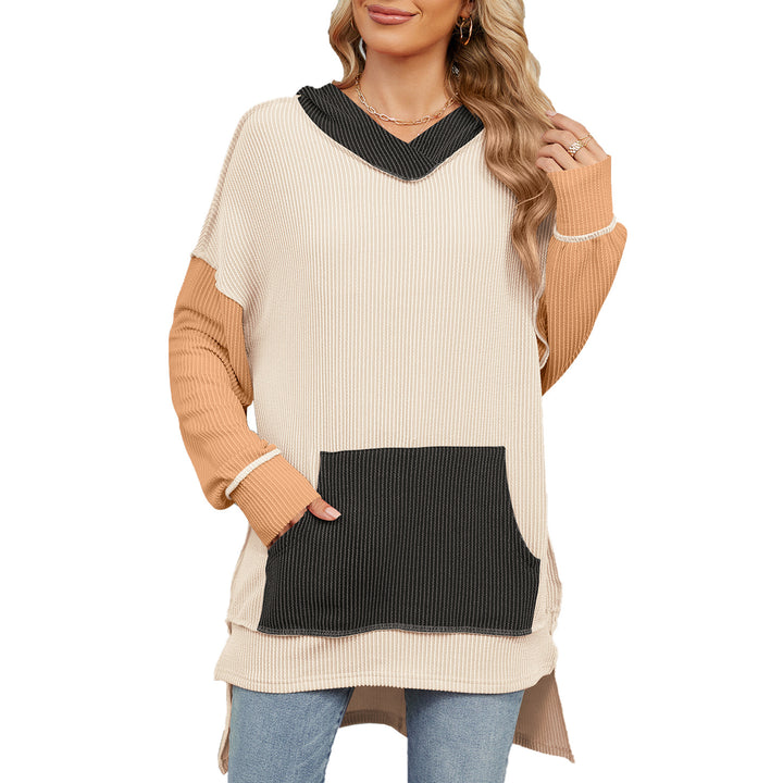 Damen lässiger Longpullover mit Kapuze und seitlicher Tasche Drune