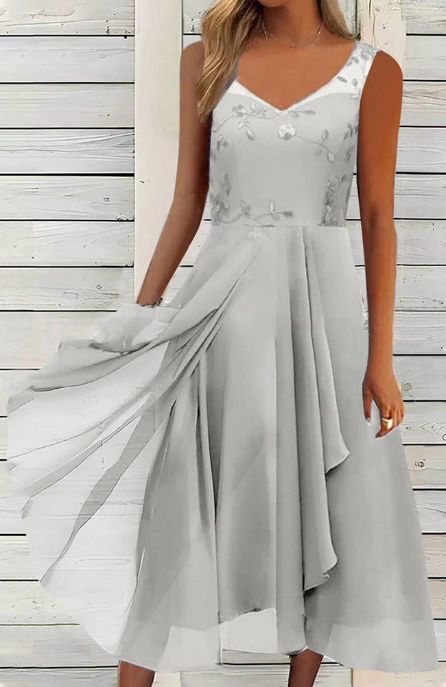 Damen nan A-Linien-Chiffonkleid mit floralem Stickoberteil, V-Ausschnitt, drapiertem Godet-Schwung und verdeckten Seitentaschen Drune