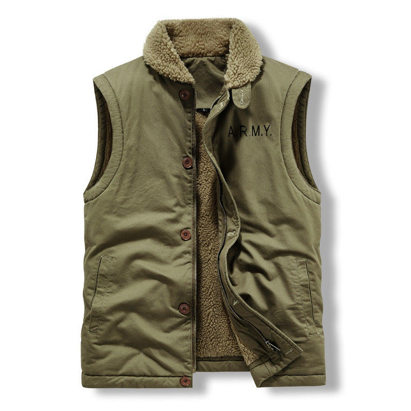 Herren gefütterte Canvas‑Weste mit Teddyfleece‑Innenlage, Zweiwege‑Reißverschluss und Knopfleiste Drune